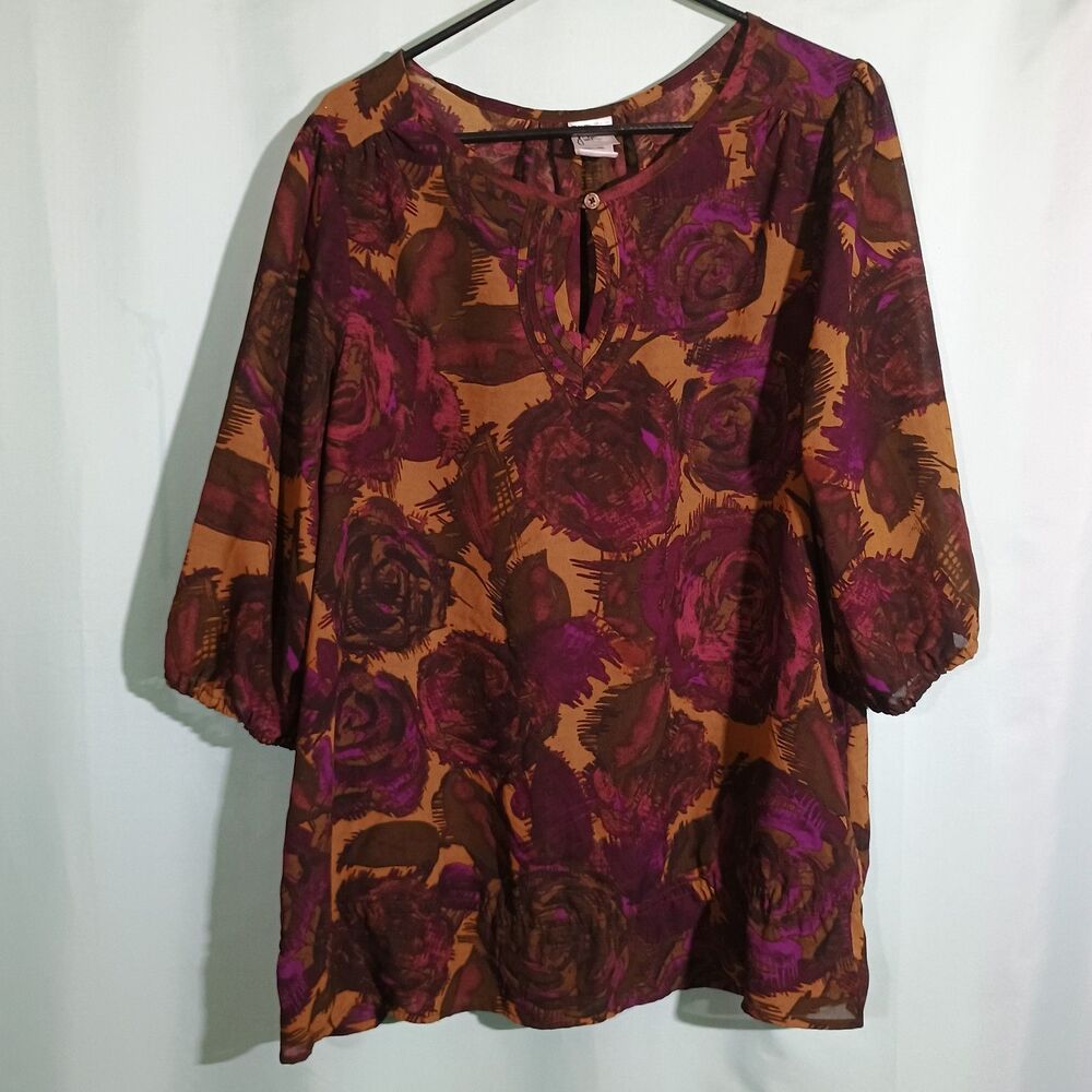 Brown Purple Floral Blouse 3/4 Balloon Sleeve Keyhole Top